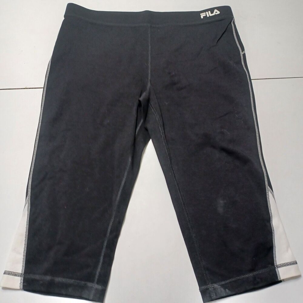 Fila Womens Large Compression Tights Cropped Black Whiite Piping Running Stretch